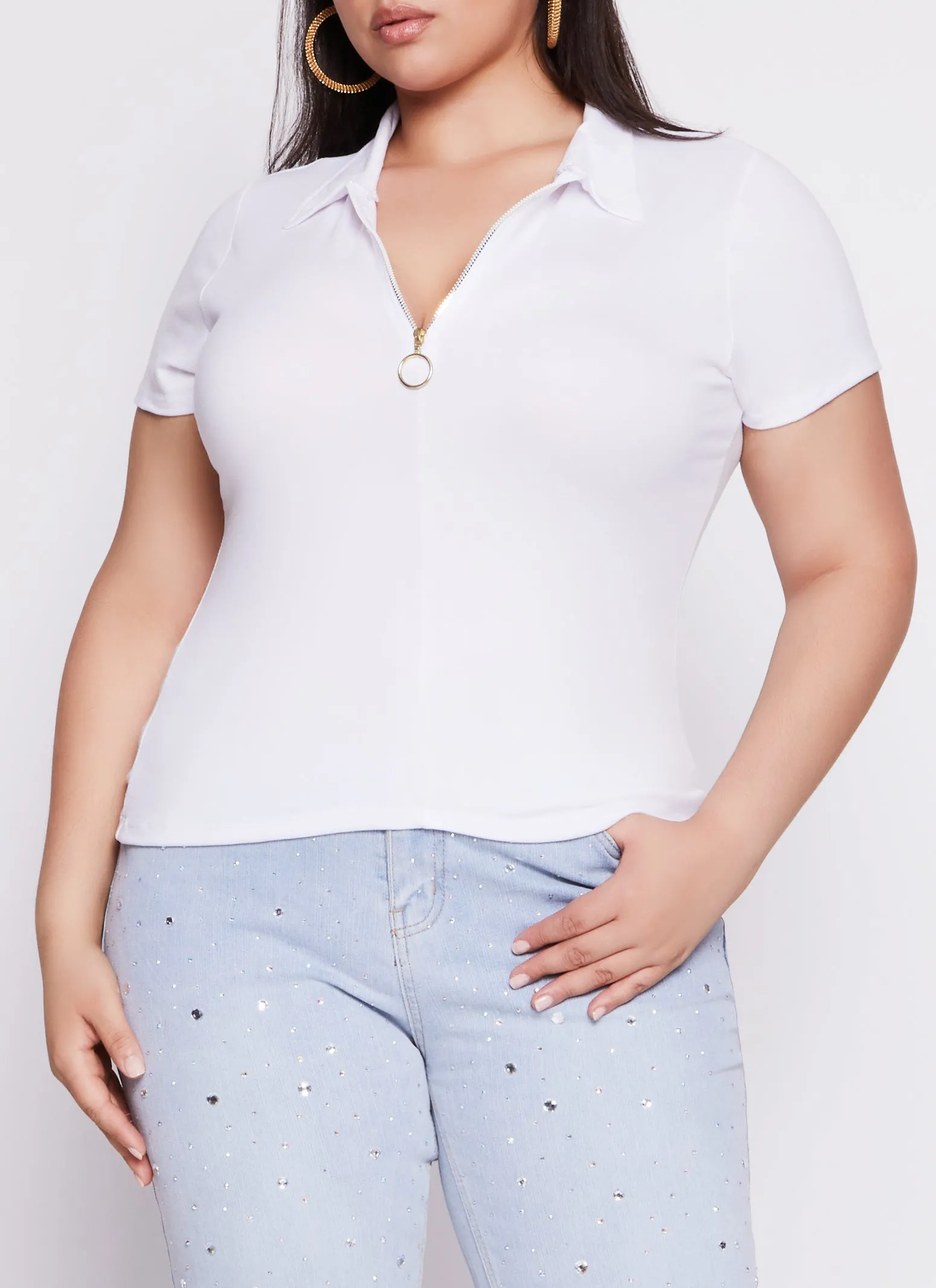 Plus Size Half Zip Collared Short Sleeve Top sold by Rainbow