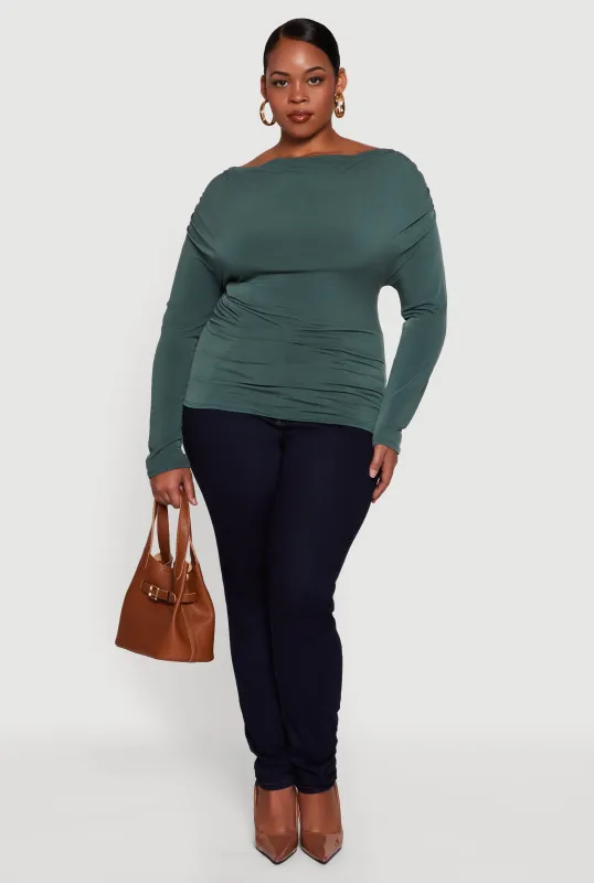 Plus Size Cowl Neck Ruched Long Sleeve Blouse sold by Rainbow