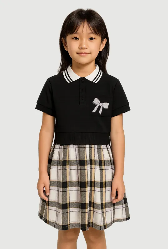 Little Girls Plaid Layered Look Bow Graphic Polo Dress sold by Rainbow