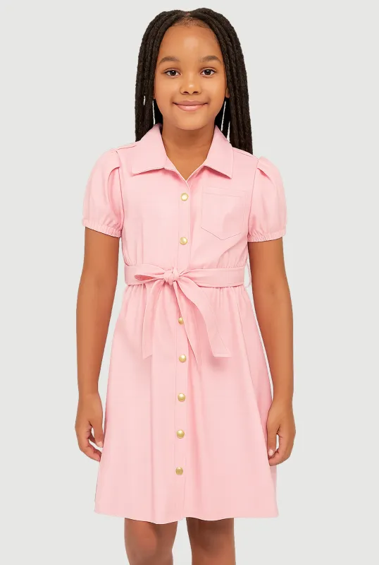 Little Girls Faux Leather Shirt Dress with Tie Waist Belt sold by Rainbow