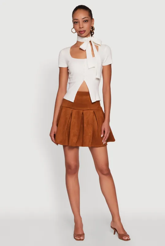 Faux Suede Drop Waist Pleated Mini Skirt sold by Rainbow