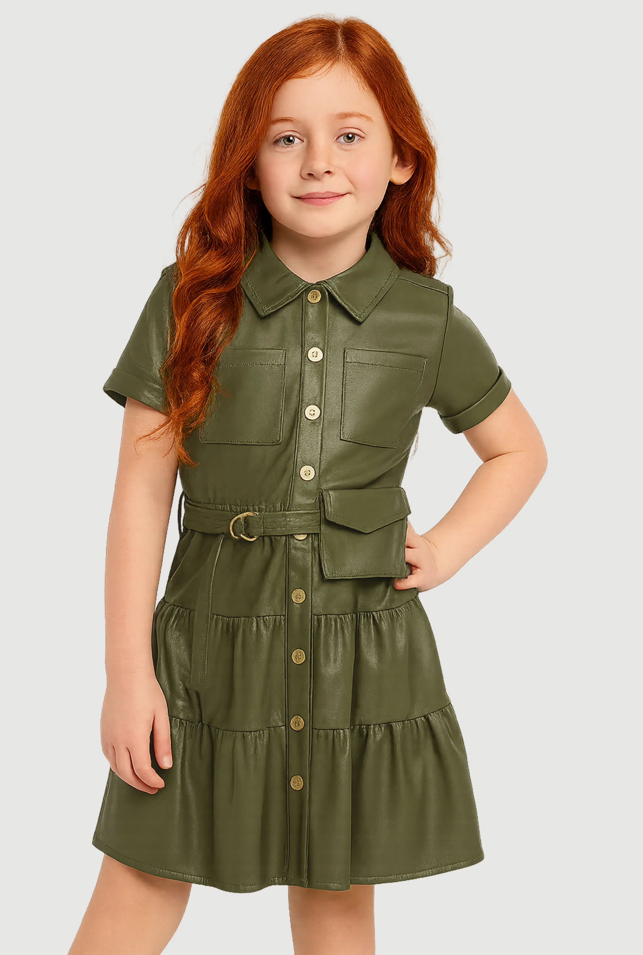 Little Girls Faux Leather Shirt Dress with Belt and Pouch sold by Rainbow product image thumbnail 2