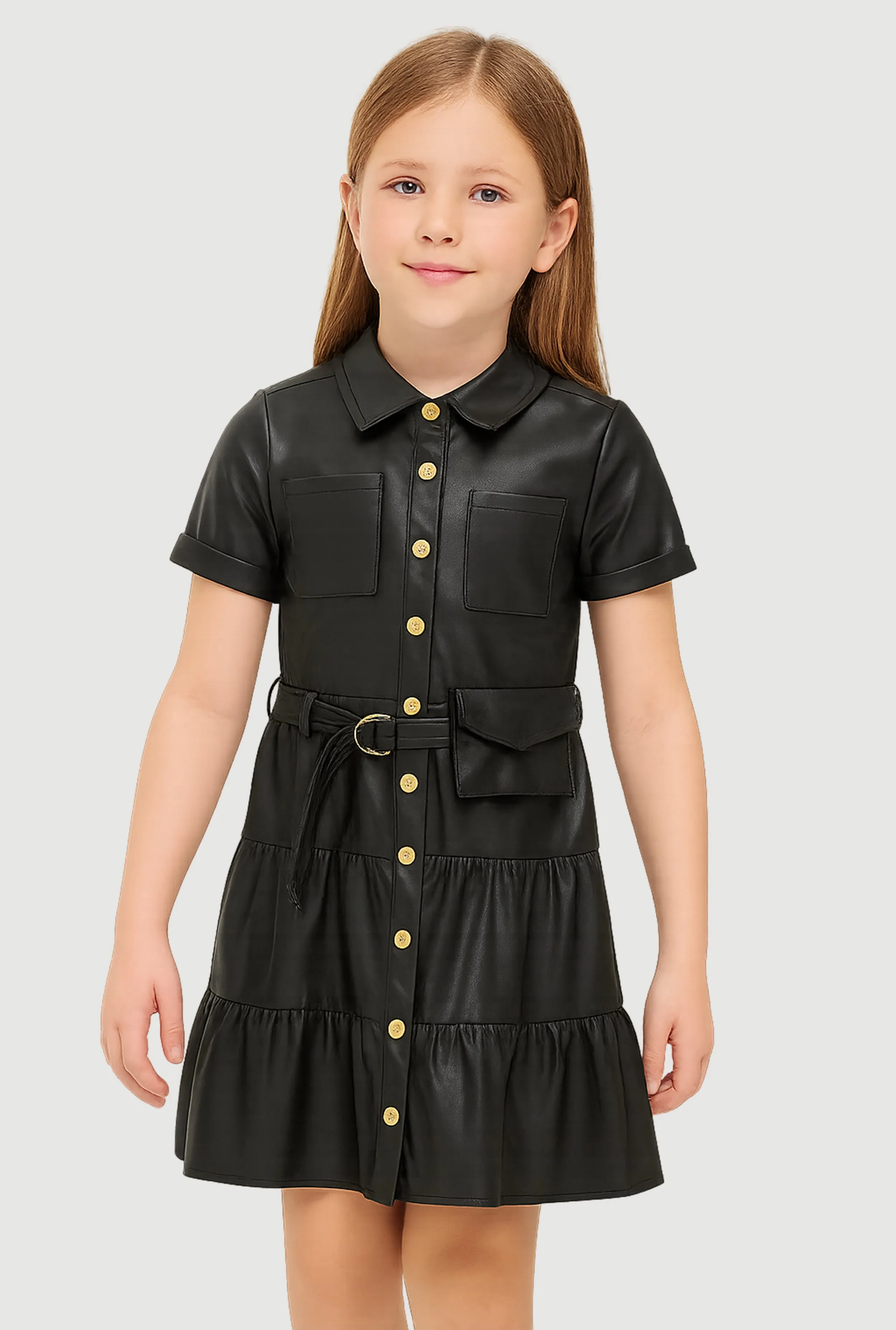 Little Girls Faux Leather Shirt Dress with Belt and Pouch sold by Rainbow