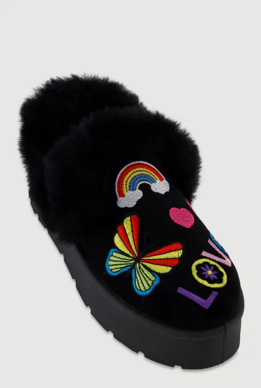 Faux Fur Embroidered Graphic Slip On Platform Booties sold by Rainbow