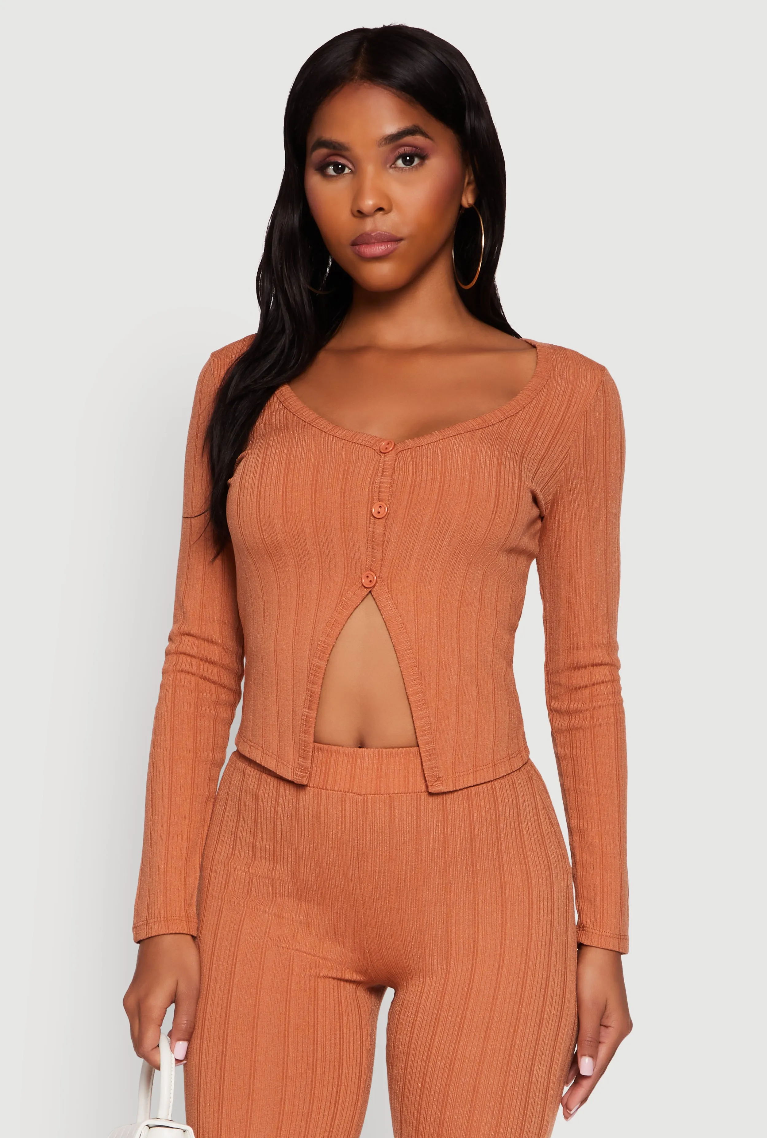 Ribbed Knit V Neck Slit Front Blouse sold by Rainbow