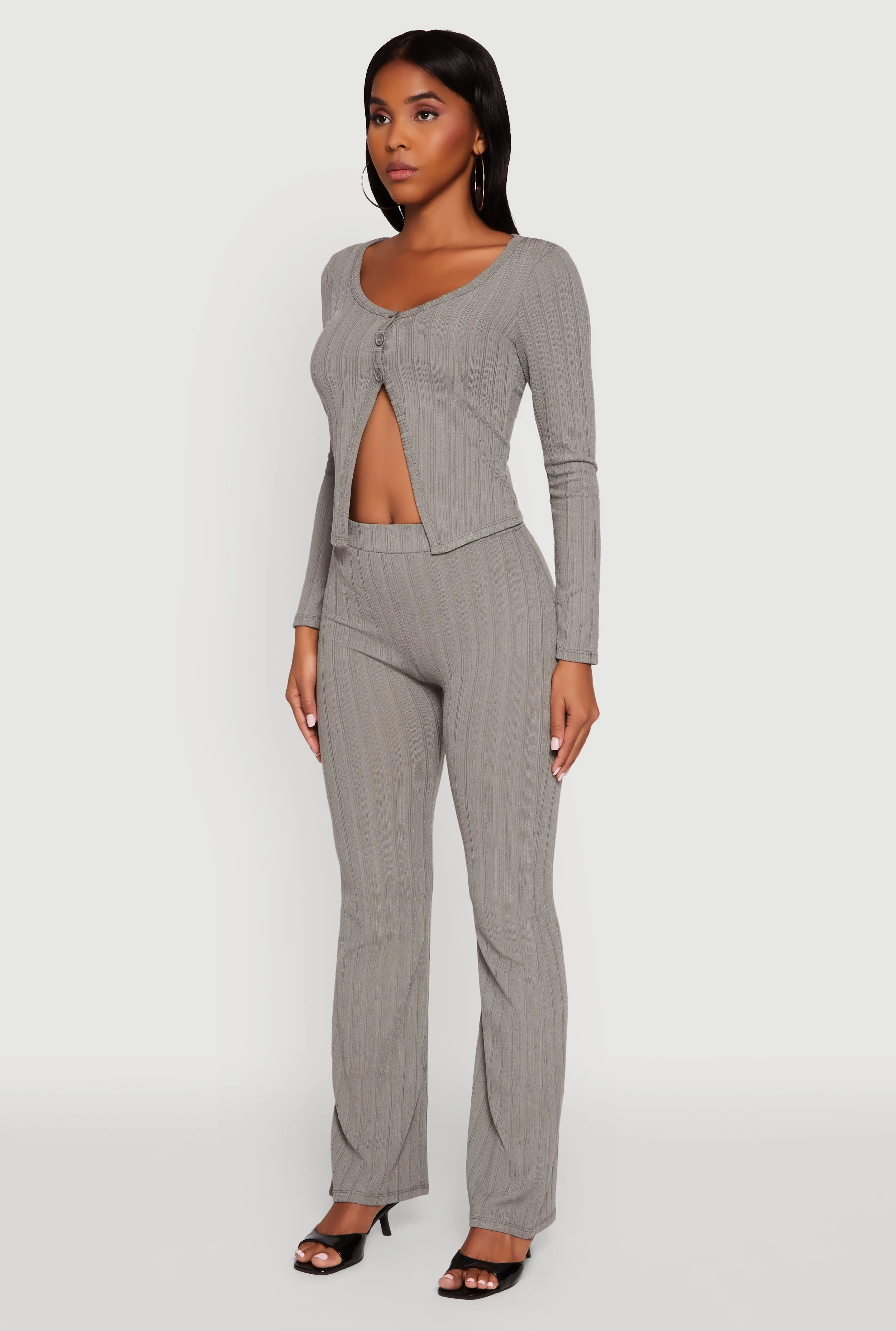 Ribbed Knit V Neck Slit Front Blouse sold by Rainbow product image thumbnail 5