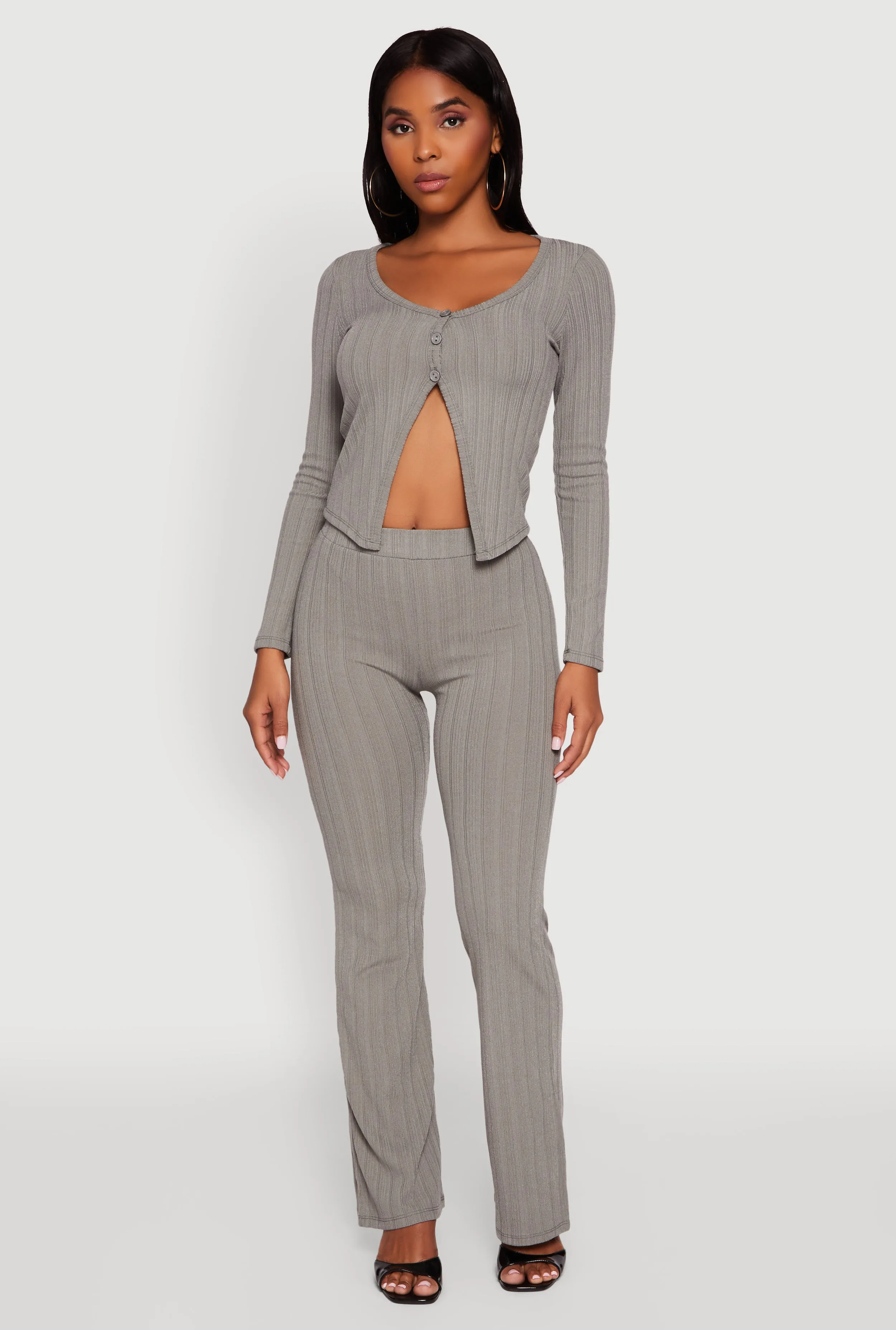 Ribbed Knit V Neck Slit Front Blouse sold by Rainbow product image thumbnail 3