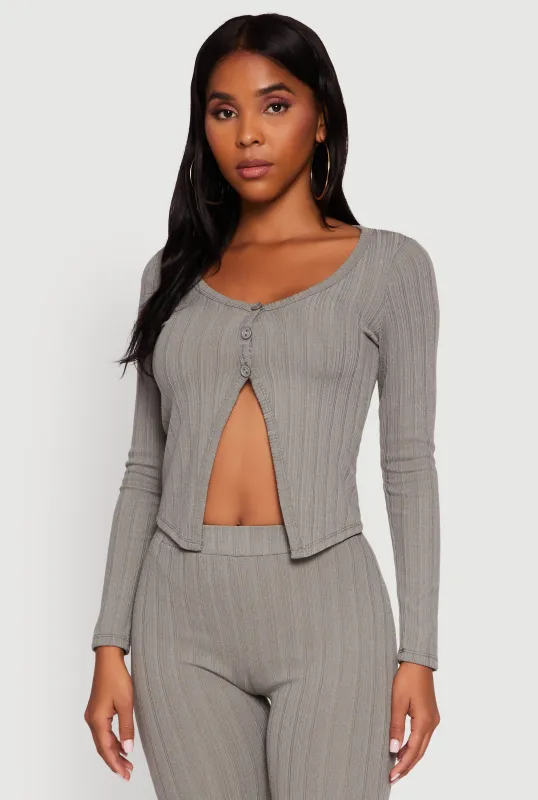 Ribbed Knit V Neck Slit Front Blouse sold by Rainbow