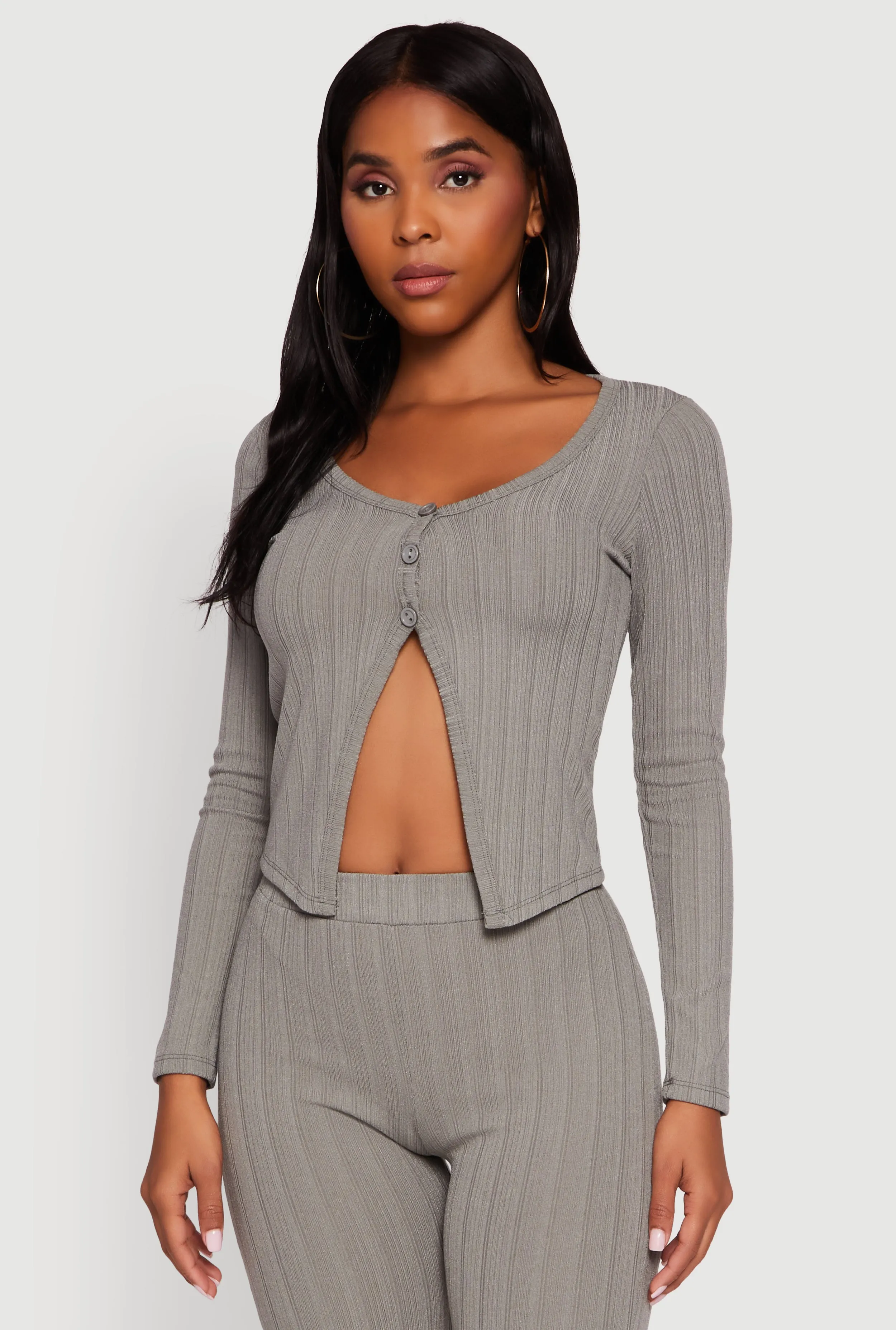 Ribbed Knit V Neck Slit Front Blouse sold by Rainbow