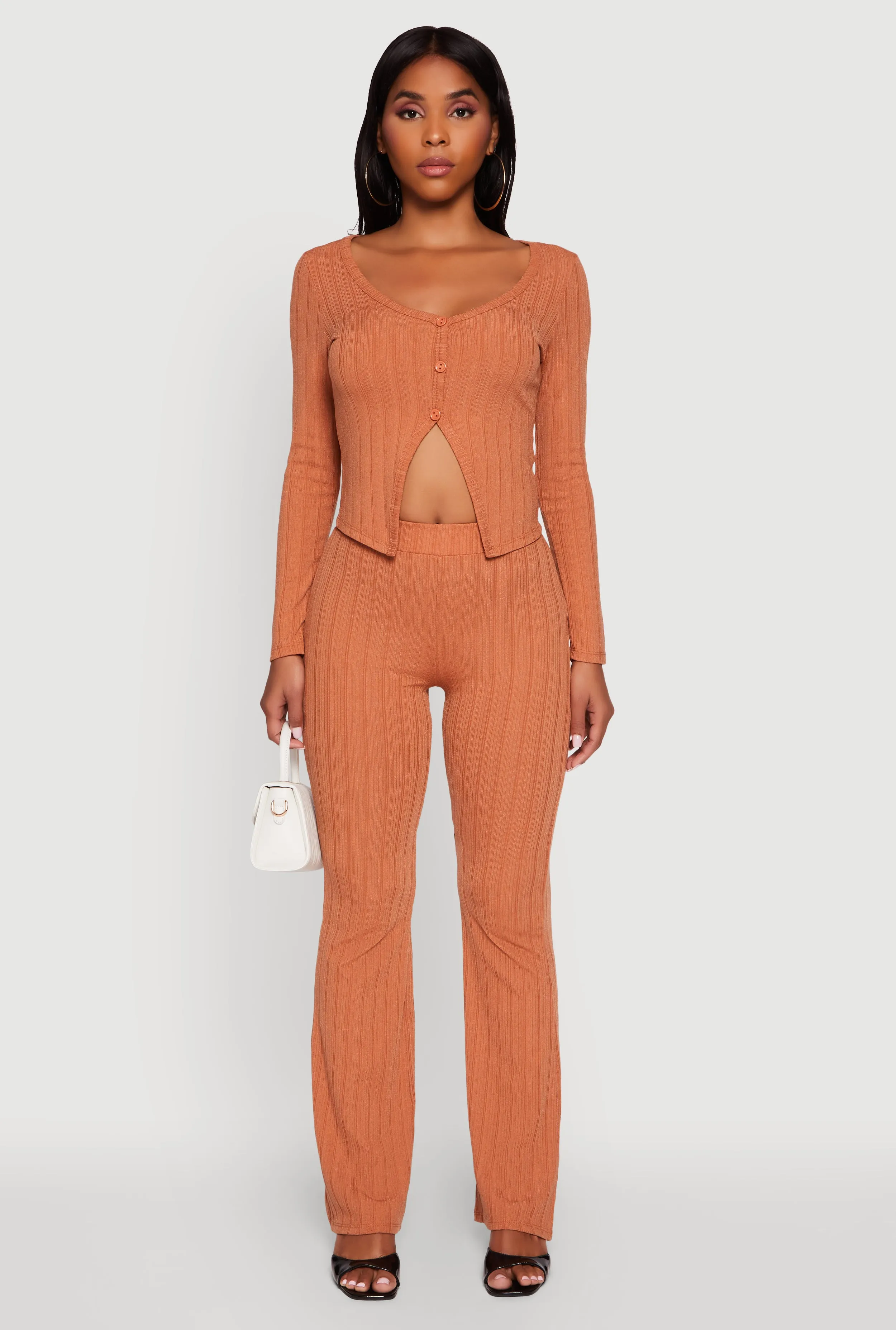 Ribbed Knit V Neck Slit Front Blouse sold by Rainbow product image thumbnail 2