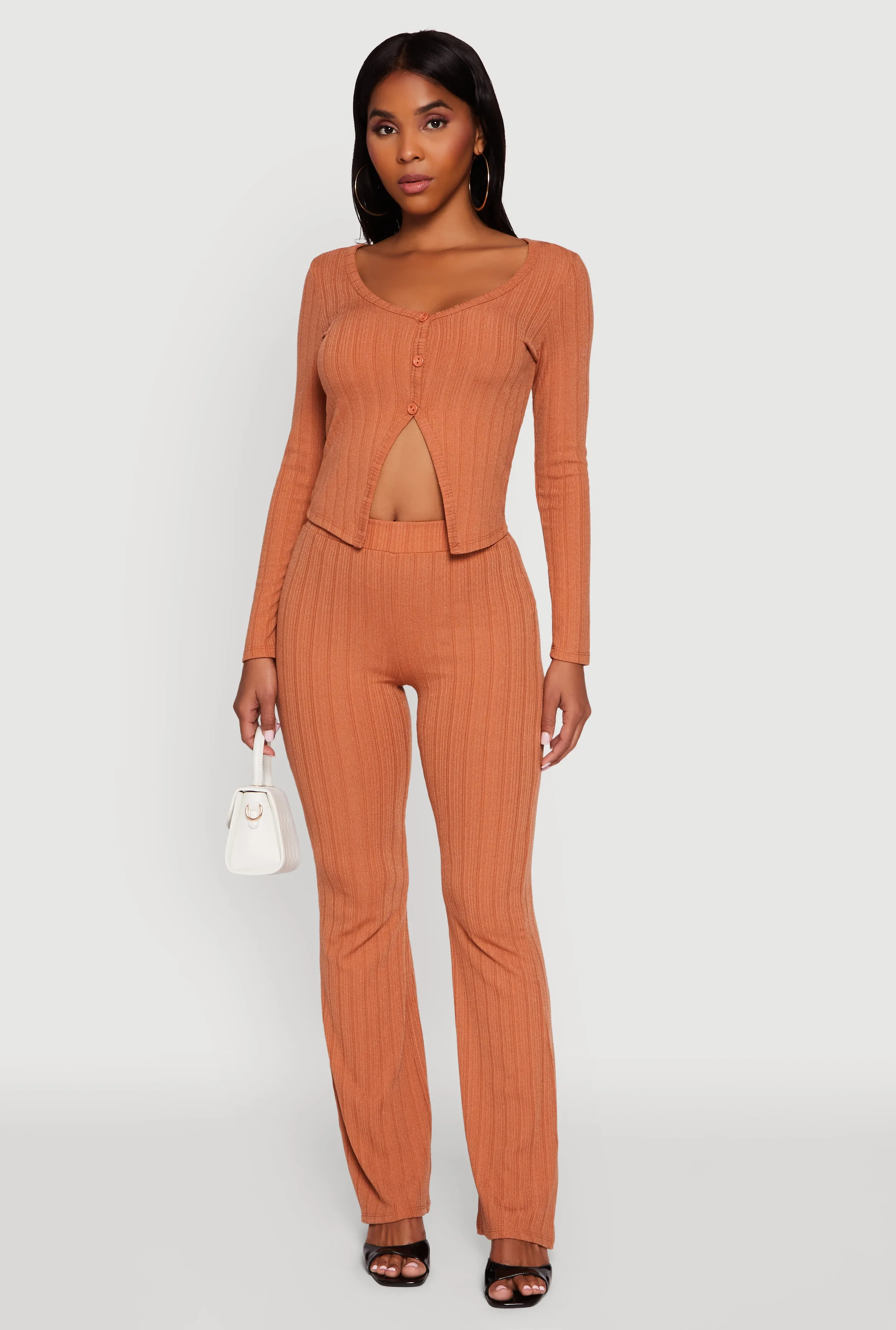 Ribbed Knit V Neck Slit Front Blouse sold by Rainbow product image thumbnail 3