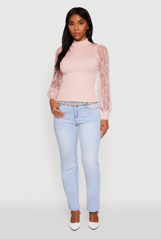 Long Sleeve Mesh Detail Ribbed Knit Blouse sold by Rainbow