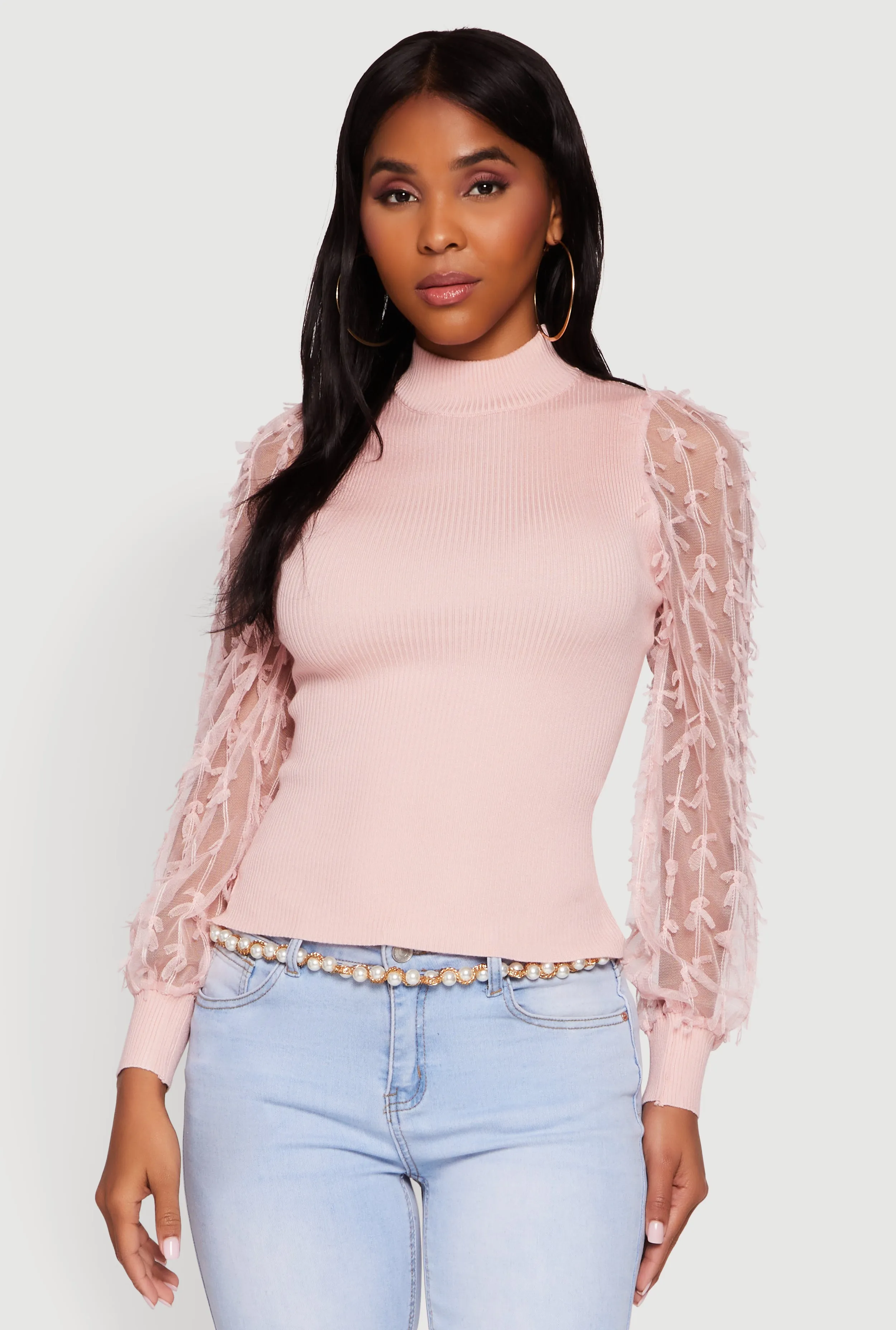 Long Sleeve Mesh Detail Ribbed Knit Blouse sold by Rainbow product image thumbnail 2