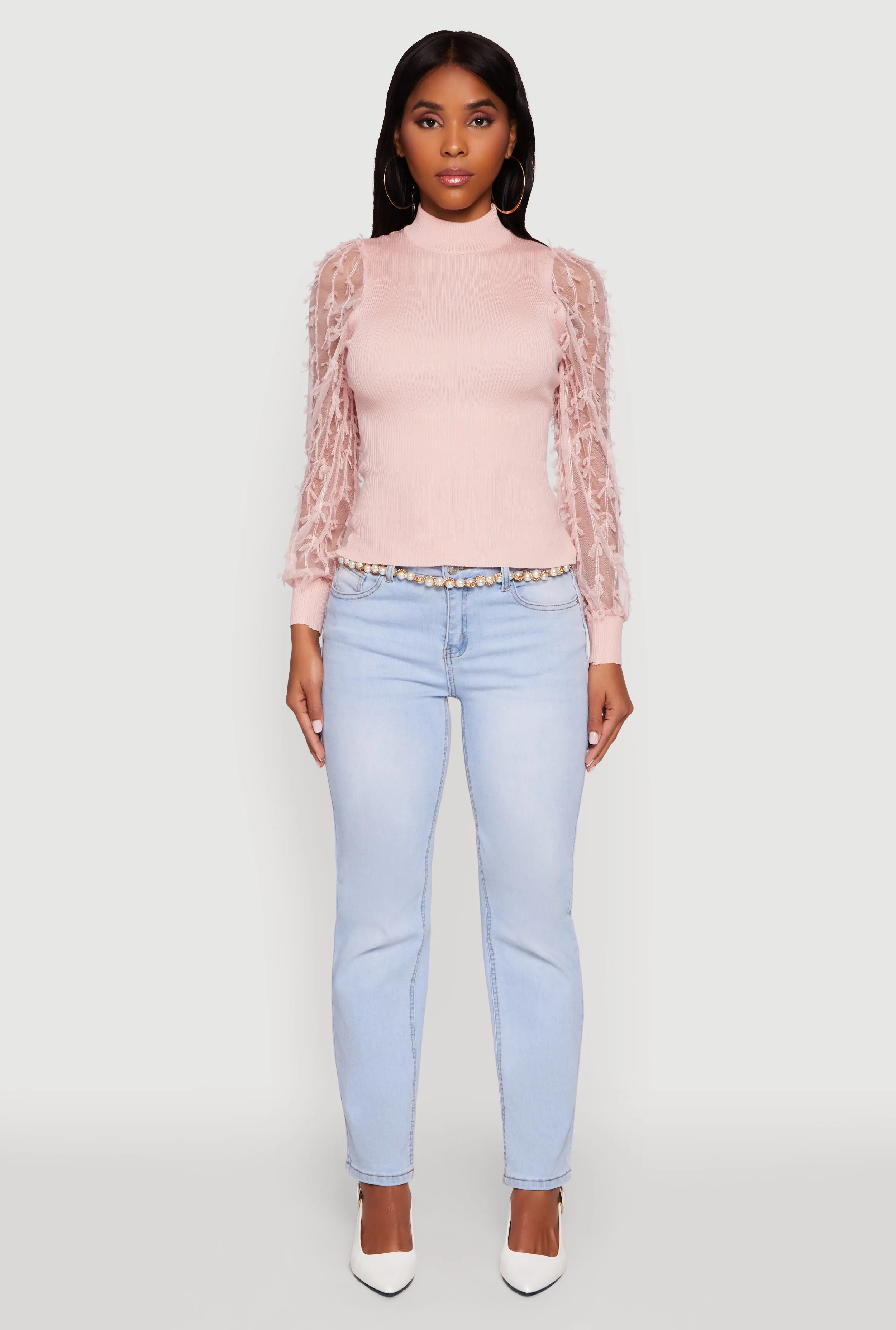 Long Sleeve Mesh Detail Ribbed Knit Blouse sold by Rainbow product image thumbnail 3