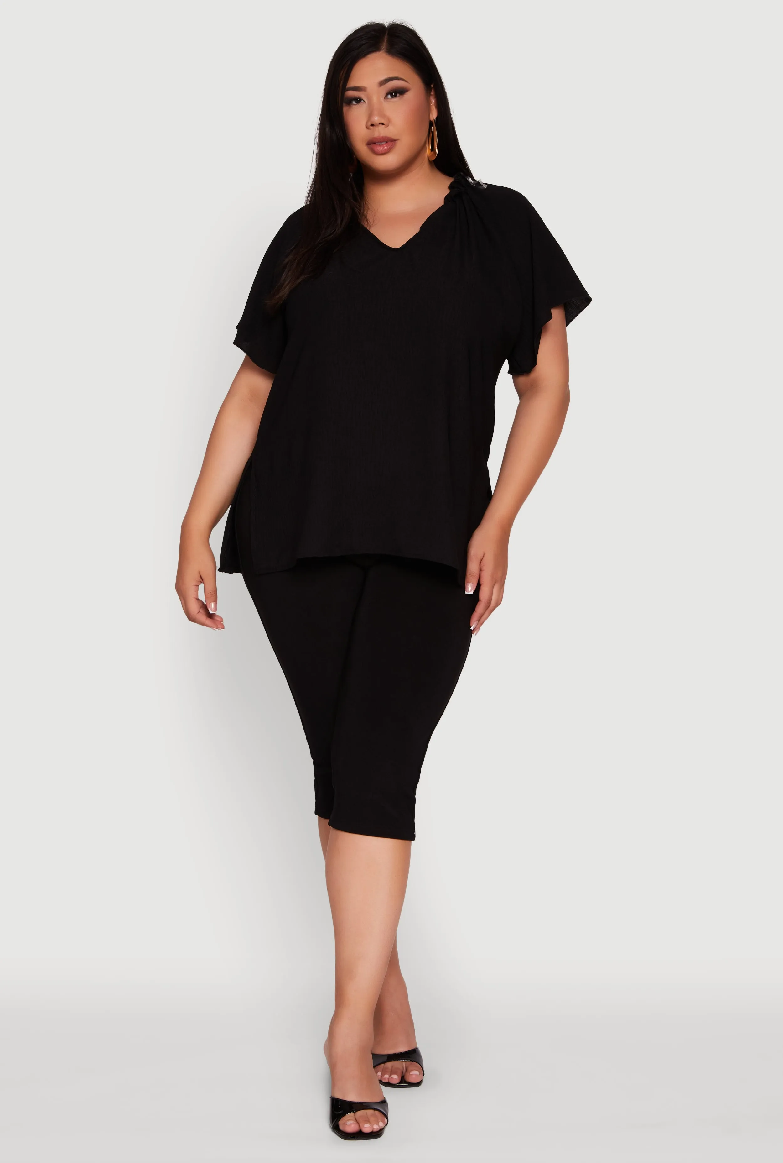 Plus Size Flutter Sleeve Side Slit V Neck Blouse sold by Rainbow