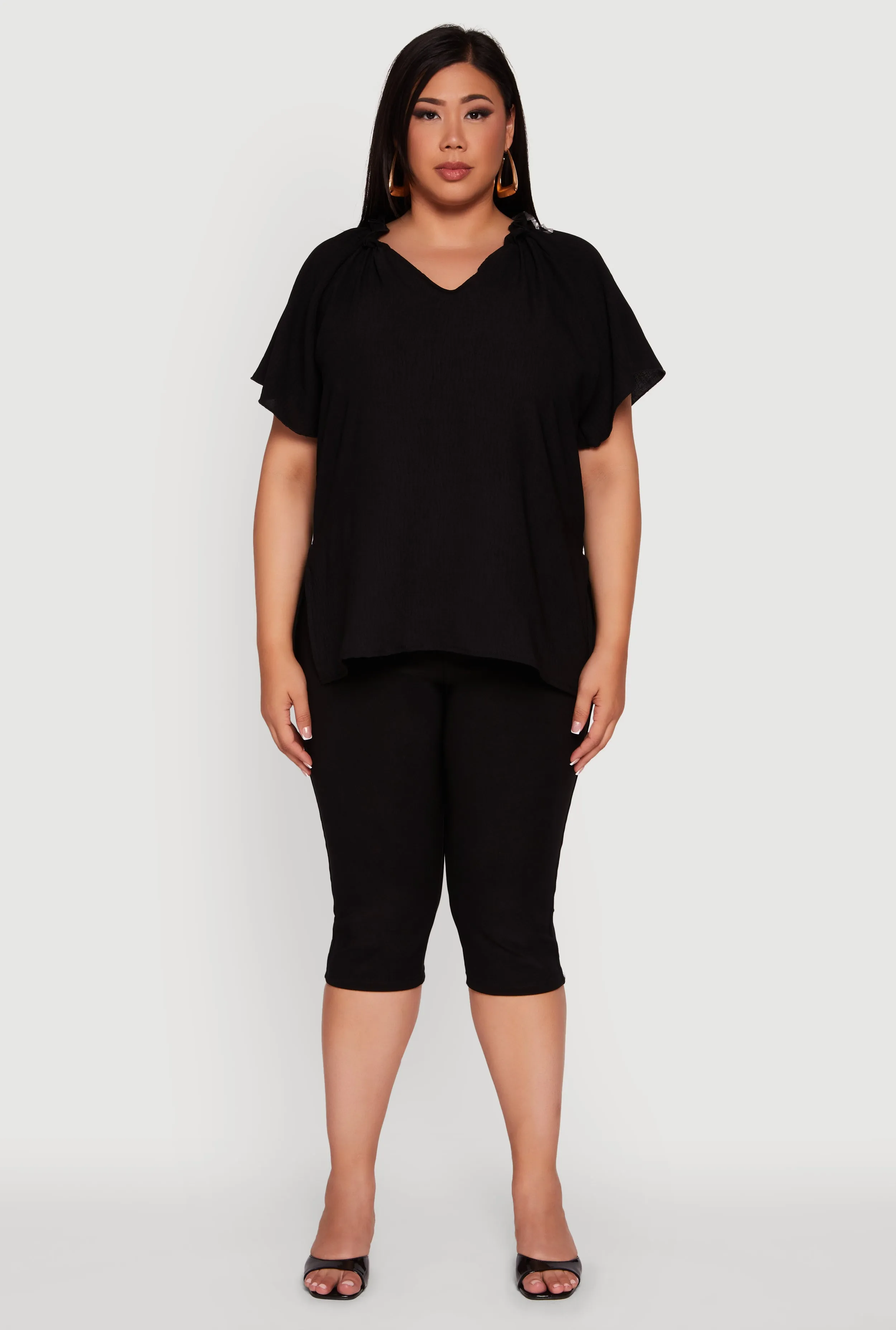 Plus Size Flutter Sleeve Side Slit V Neck Blouse sold by Rainbow product image thumbnail 3