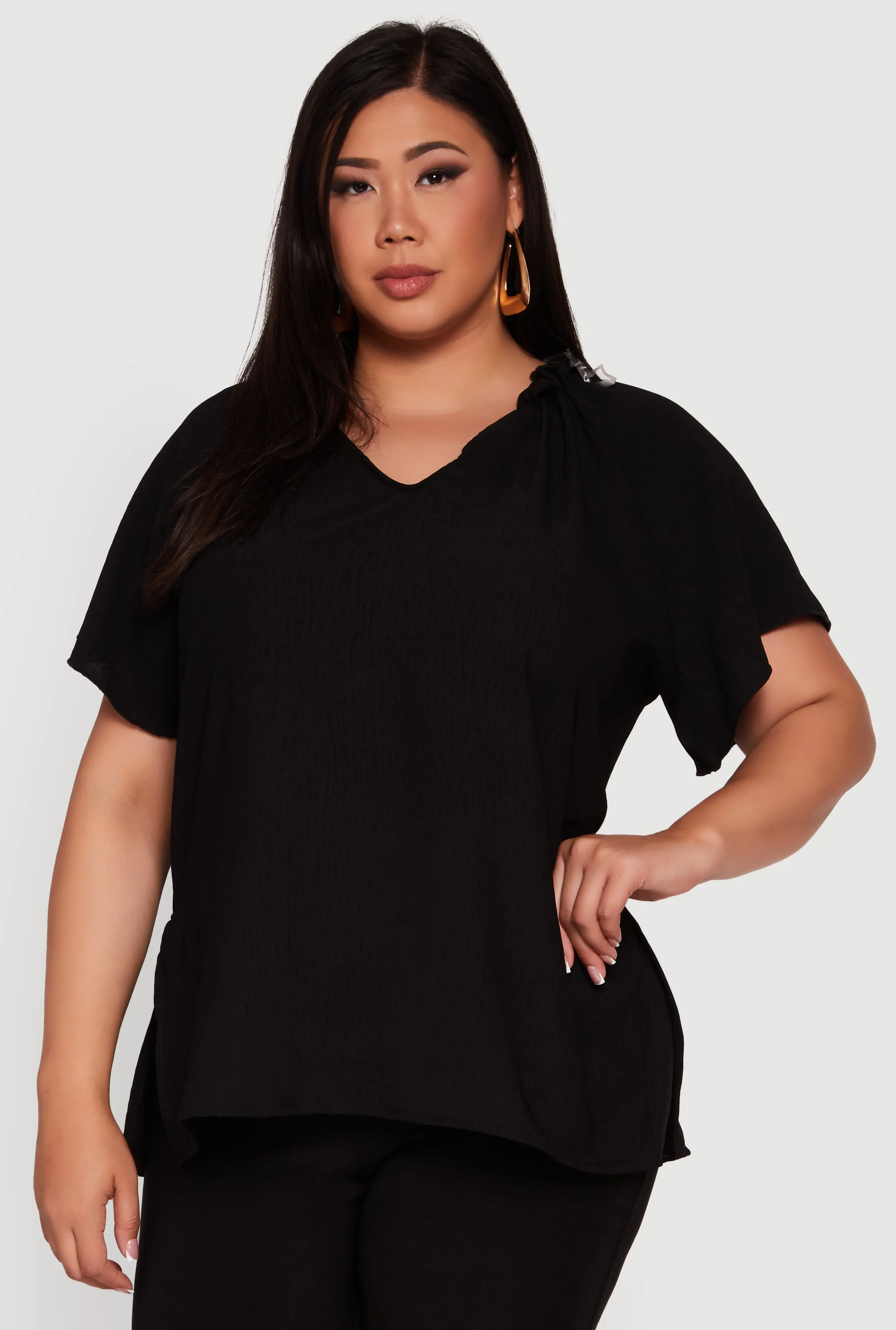 Plus Size Flutter Sleeve Side Slit V Neck Blouse sold by Rainbow product image thumbnail 2