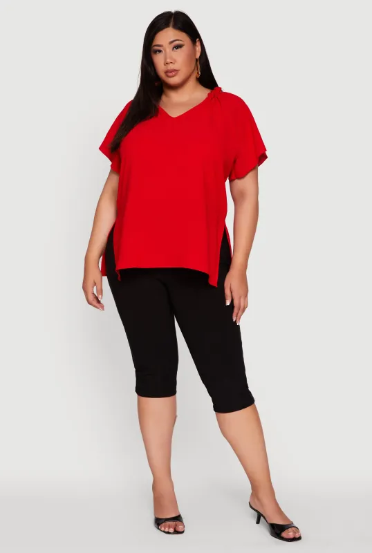 Plus Size Flutter Sleeve Side Slit V Neck Blouse sold by Rainbow