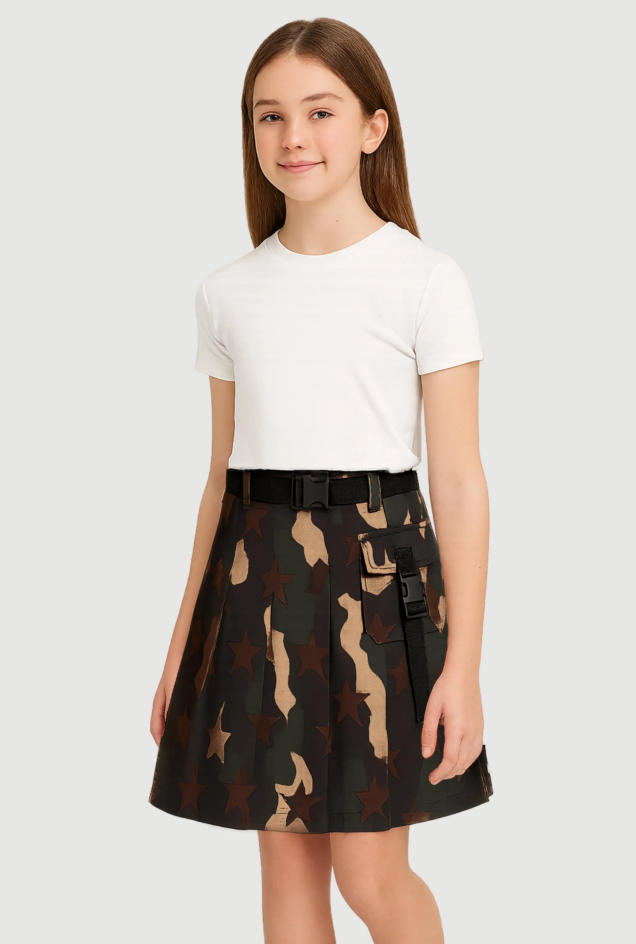 Girls Camo Hyper Stretch Pleated Skirt with Belt sold by Rainbow