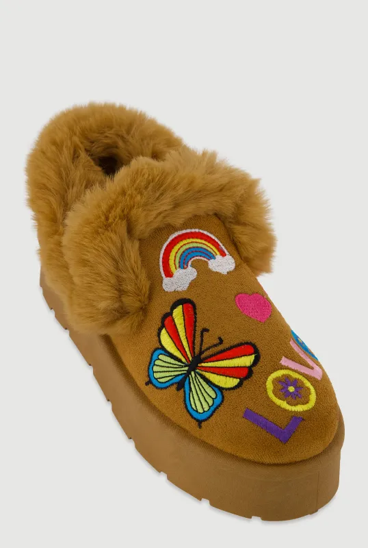 Faux Fur Embroidered Graphic Slip On Platform Booties sold by Rainbow