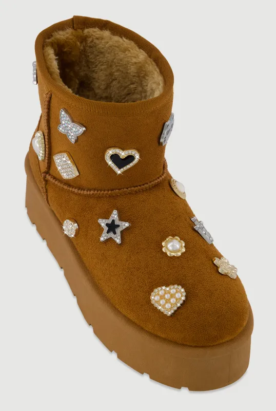 Faux Suede Platform Booties with Rhinestone Charms sold by Rainbow