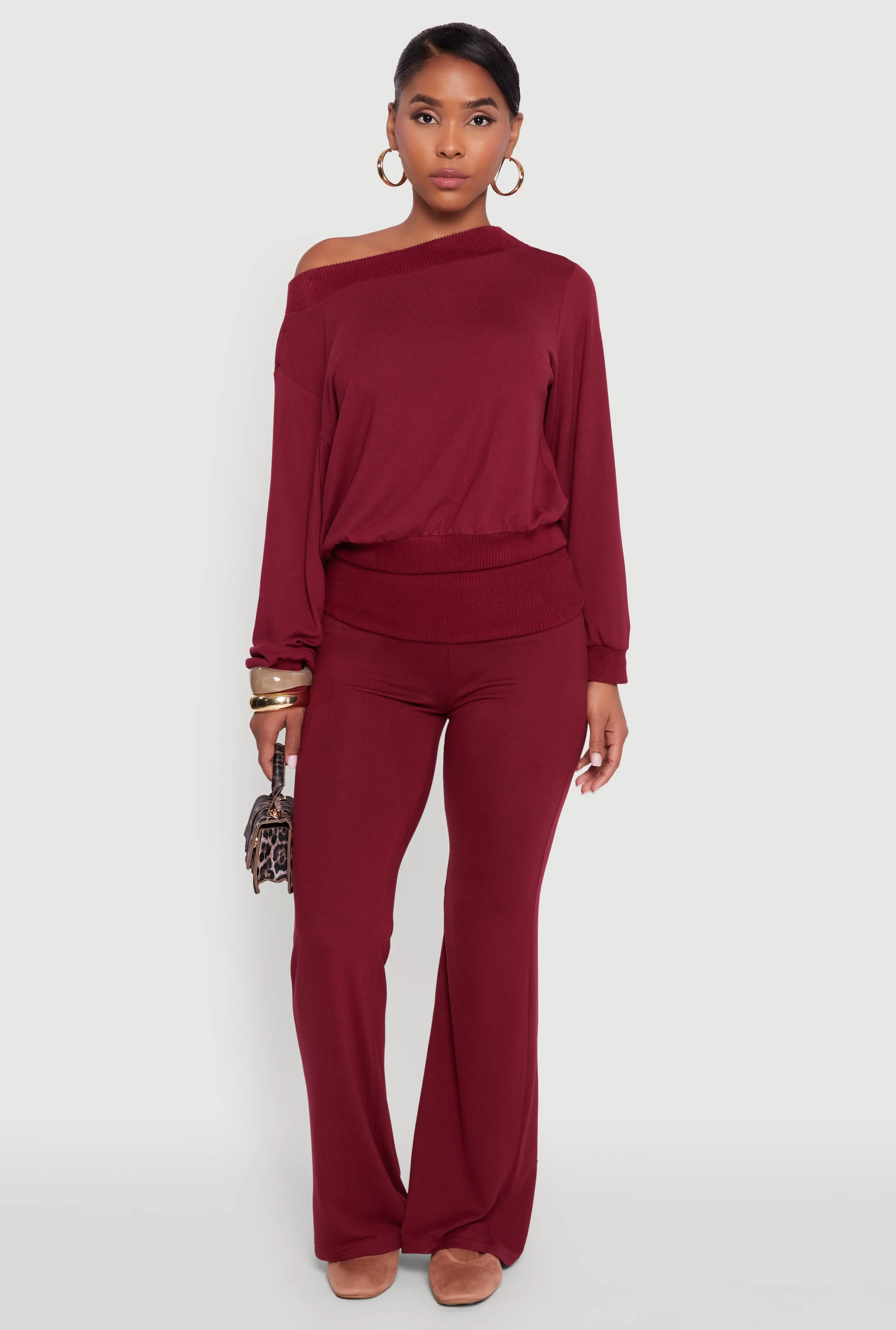 Brushed Knit Fold Over Flare Pants sold by Rainbow