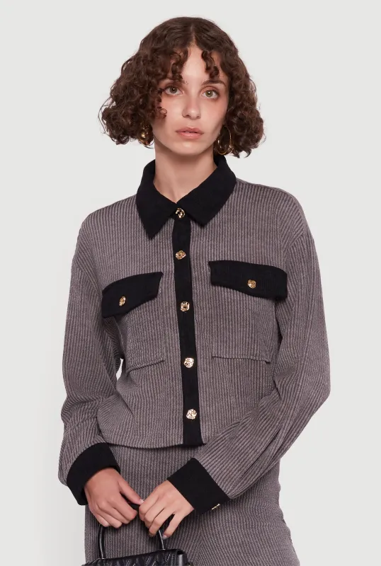 Corduroy Contrast Trim Button Front Shirt sold by Rainbow