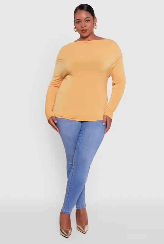 Plus Size Boat Neck Ruched Long Sleeve Blouse sold by Rainbow