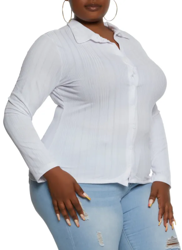 Plus Size Ribbed Button Front Shirt sold by Rainbow