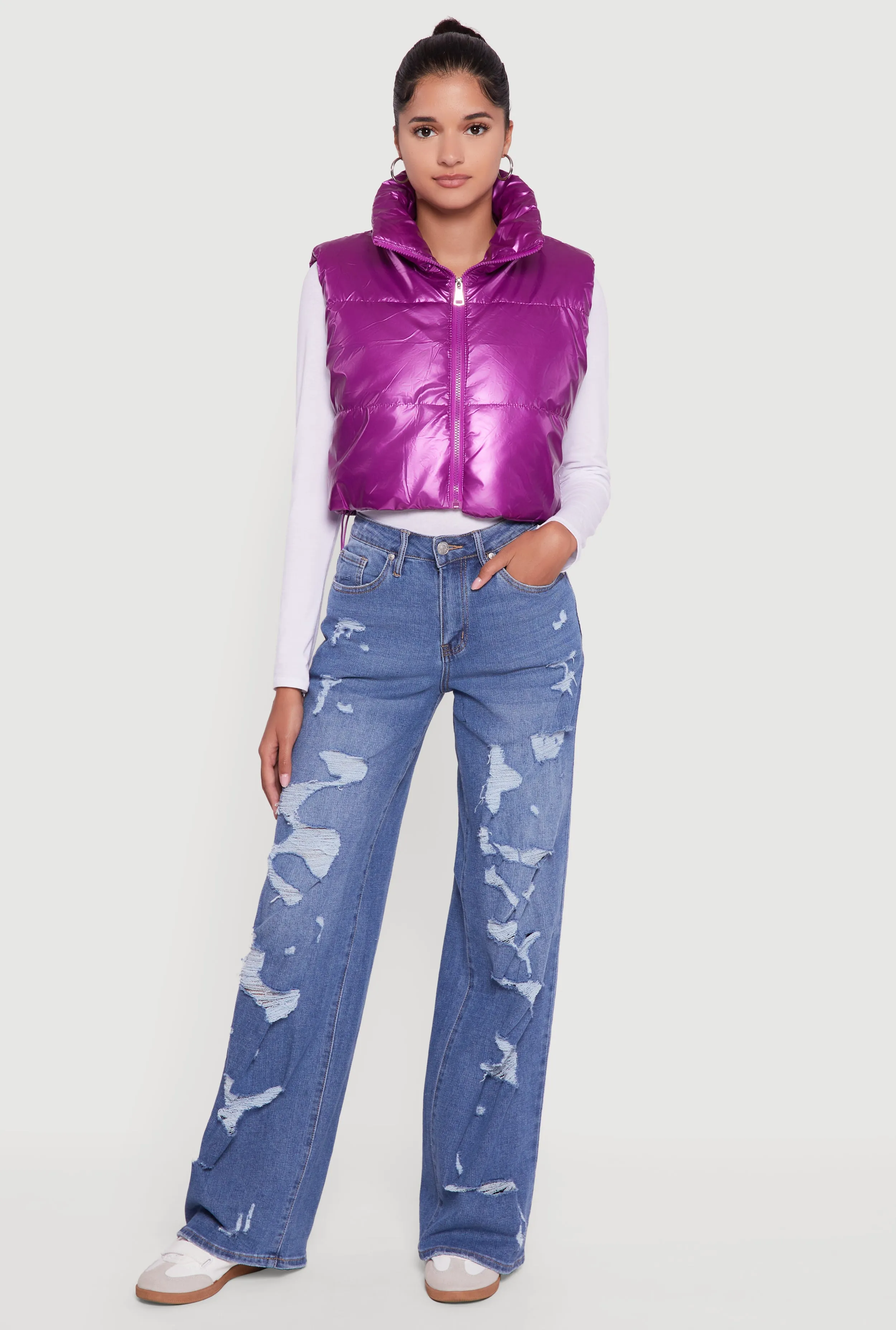 Drawstring Hem Cropped Zip Front Puffer Vest sold by Rainbow