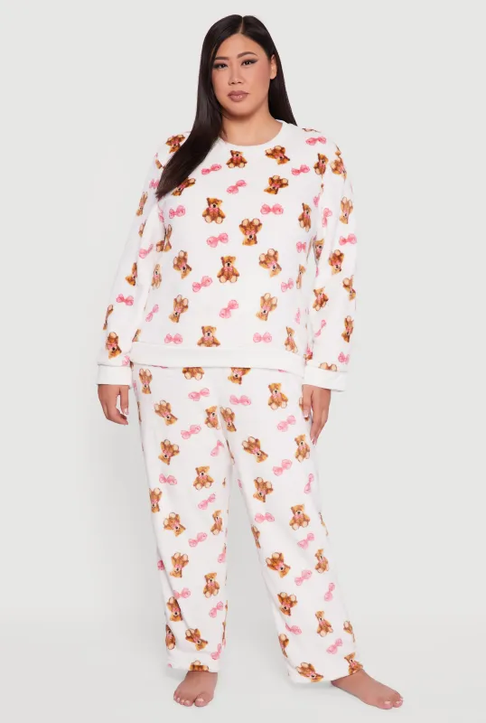 Plus Size Teddy Bear Bow Print Pajama Top and Pants sold by Rainbow