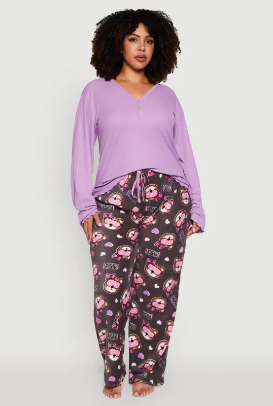 Plus Size Henley Pajama Top and Plush Dream Bear Graphic Pants sold by Rainbow
