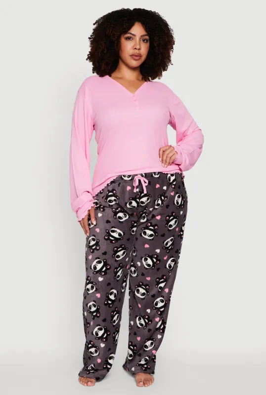 Plus Size Waffle Knit Pajama Top and Panda Graphic Plush Pants sold by Rainbow