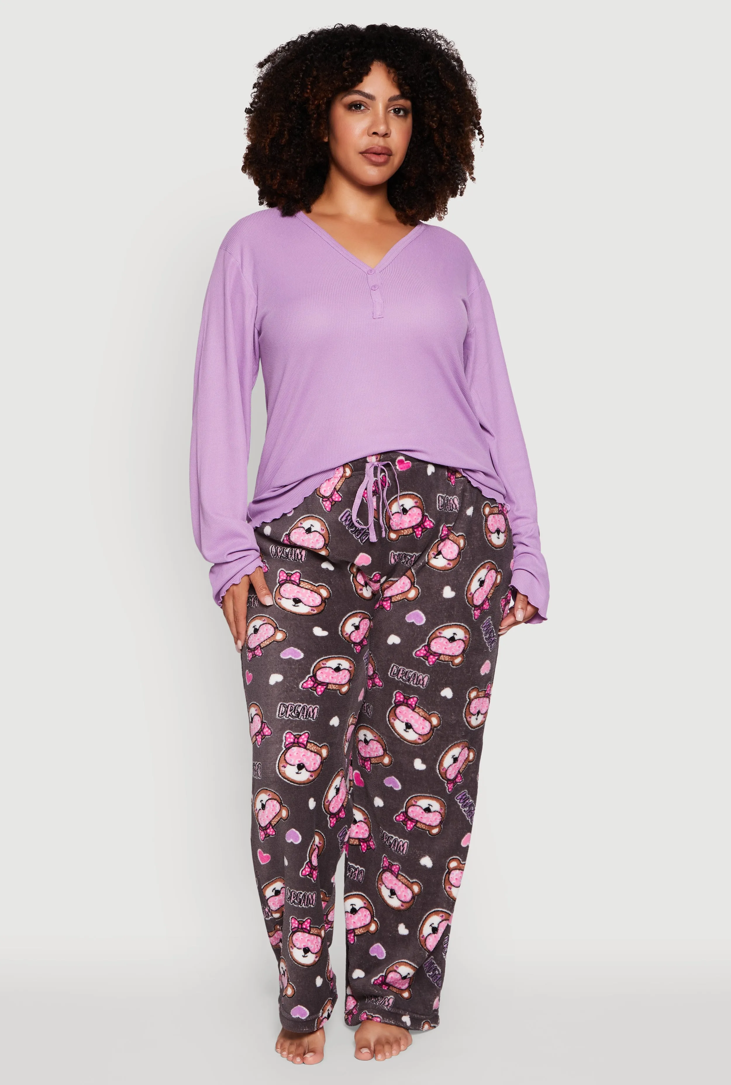 Plus Size Henley Pajama Top and Plush Dream Bear Graphic Pants sold by Rainbow