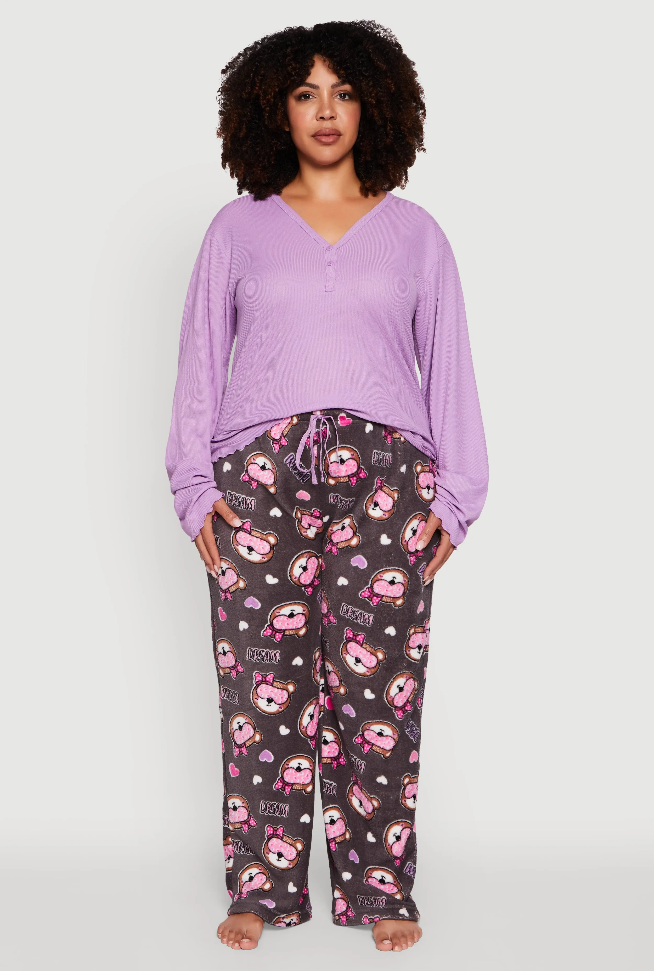 Plus Size Henley Pajama Top and Plush Dream Bear Graphic Pants sold by Rainbow product image thumbnail 2