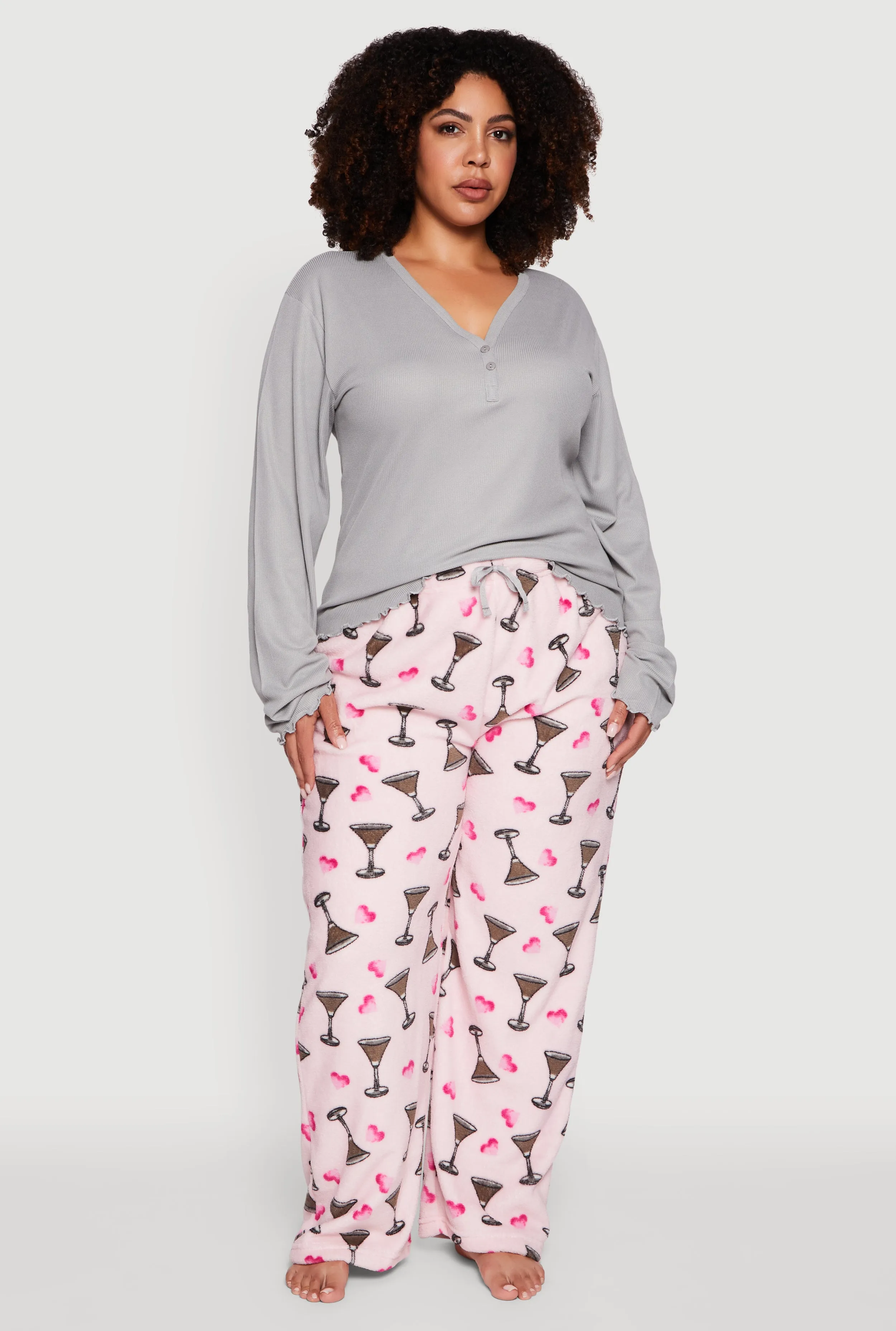 Plus Size Henley Pajama Top and Plush Espresso Martini Graphic Pants sold by Rainbow
