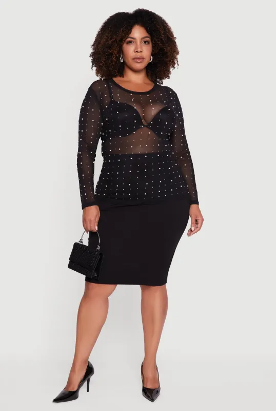 Plus Size Sheer Mesh Top with Faux Pearls and Rhinestones sold by Rainbow