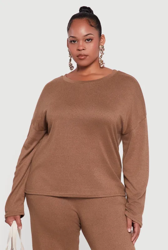 Plus Size Brushed Knit Pullover Long Sleeve Crew Neck Top sold by Rainbow