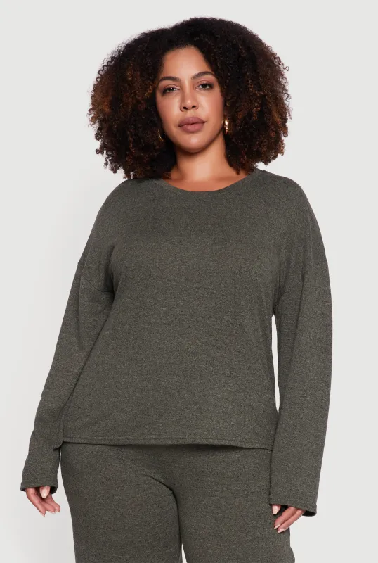 Plus Size Brushed Knit Pullover Long Sleeve Crew Neck Top sold by Rainbow