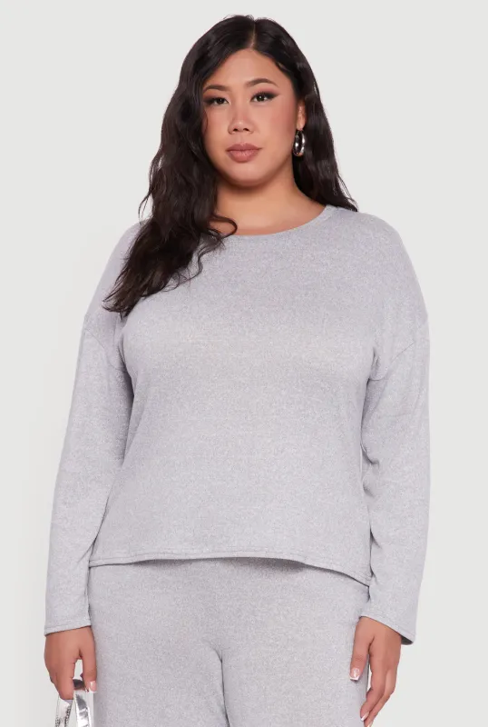 Plus Size Brushed Knit Pullover Long Sleeve Crew Neck Top sold by Rainbow