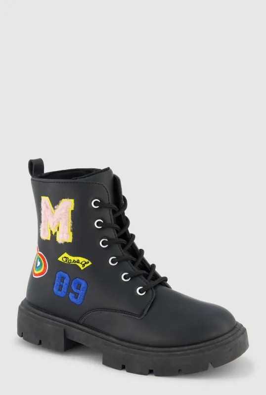 Girls Chenille M Patch Graphic Combat Boots sold by Rainbow