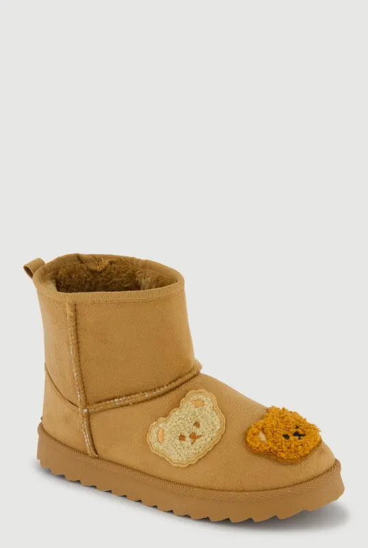 Girls Chenille Bear Patch Graphic Faux Suede Boots sold by Rainbow