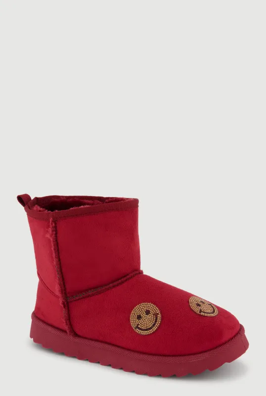 Girls Faux Fur Lined Rhinestone Smiley Faux Suede Booties sold by Rainbow
