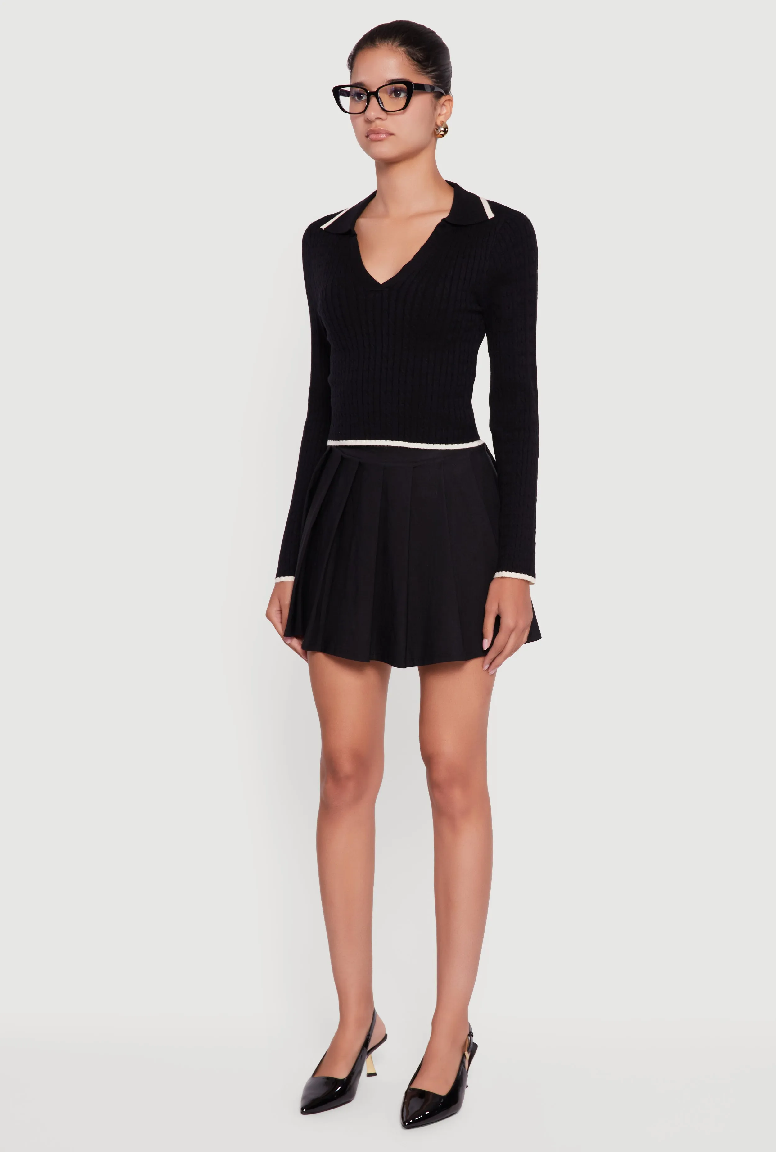 Contrast Trim Cable Knit Cropped Johnny Collar Sweater sold by Rainbow product image thumbnail 5