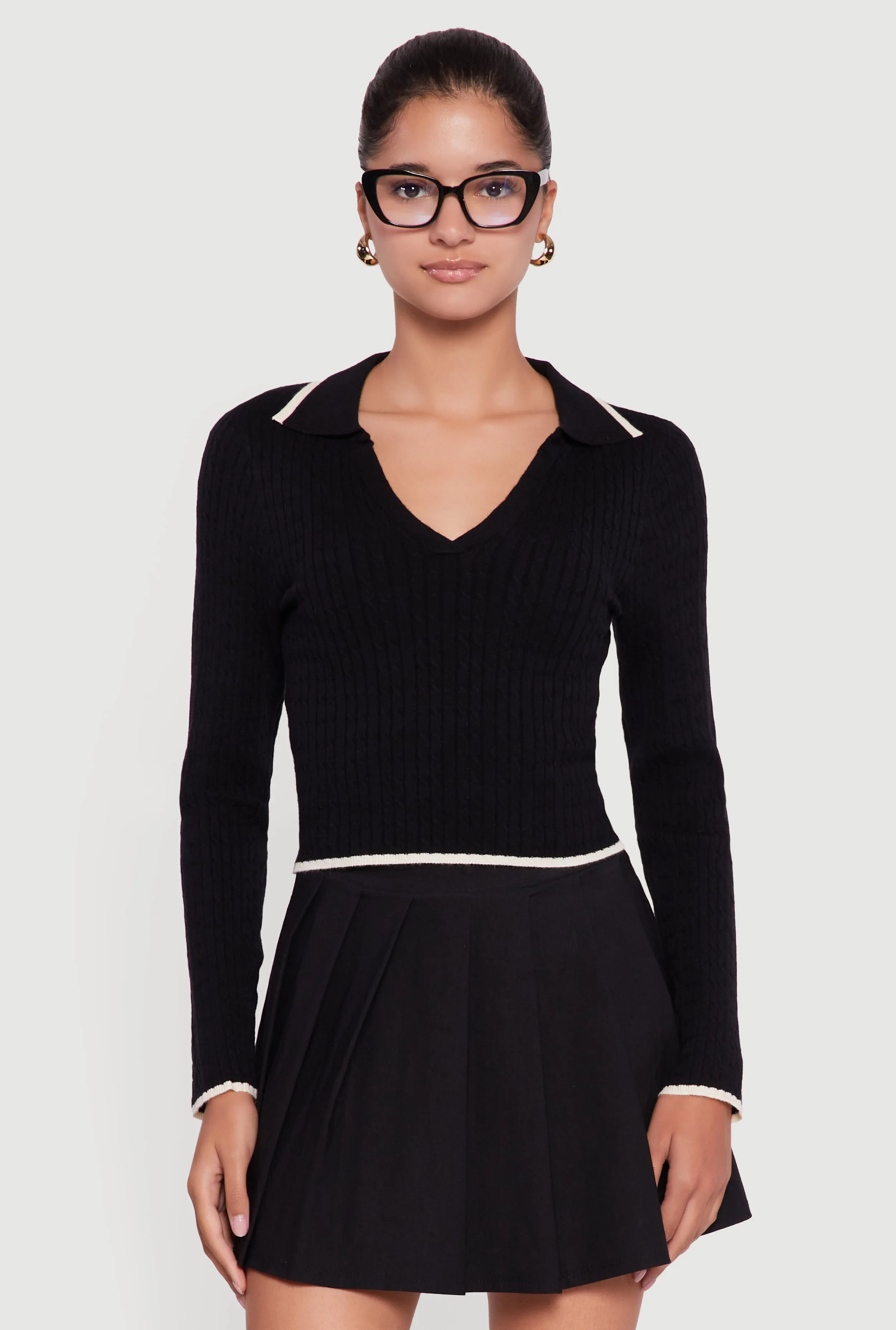 Contrast Trim Cable Knit Cropped Johnny Collar Sweater sold by Rainbow product image thumbnail 2