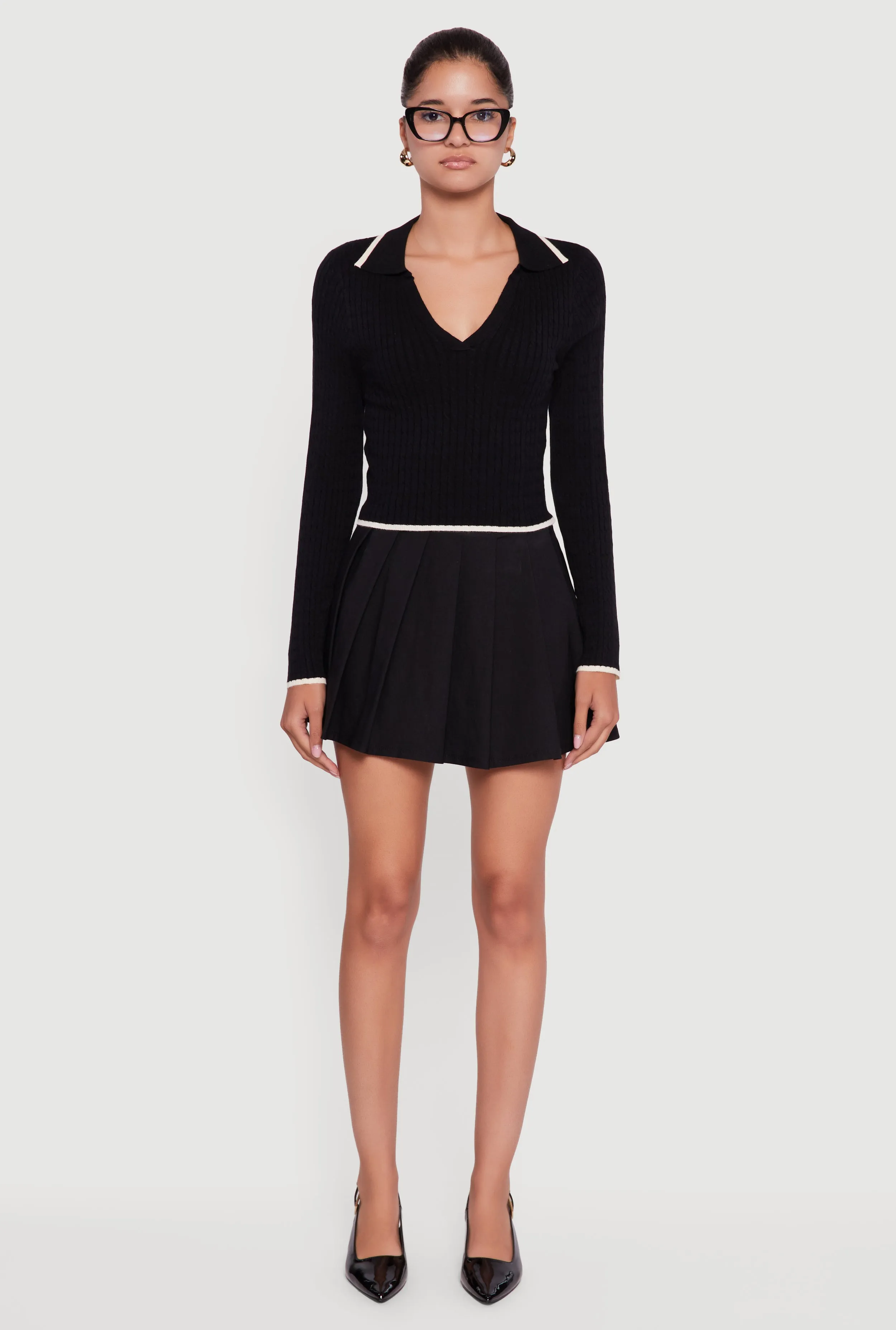 Contrast Trim Cable Knit Cropped Johnny Collar Sweater sold by Rainbow product image thumbnail 3