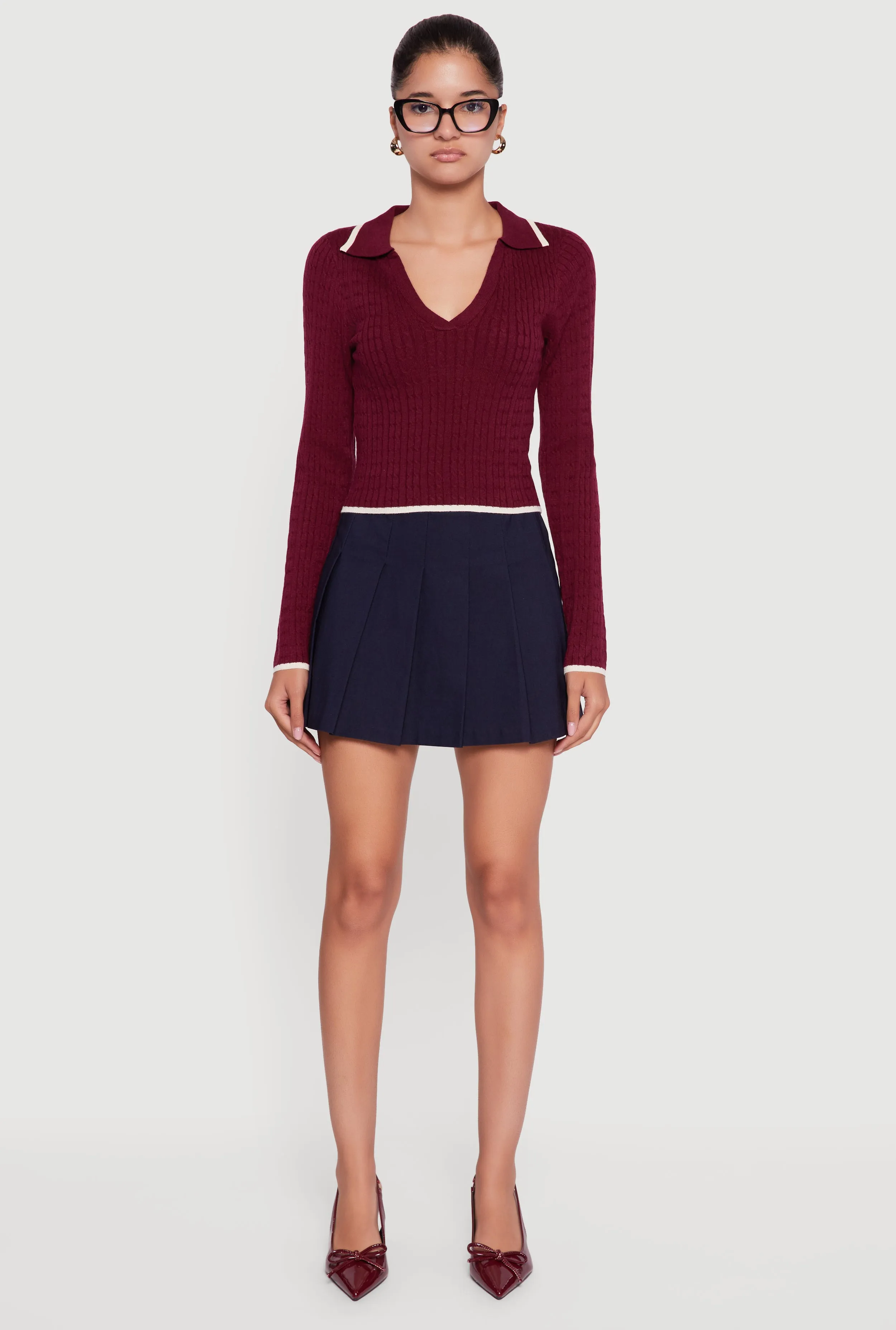 Contrast Trim Cable Knit Cropped Johnny Collar Sweater sold by Rainbow product image thumbnail 3