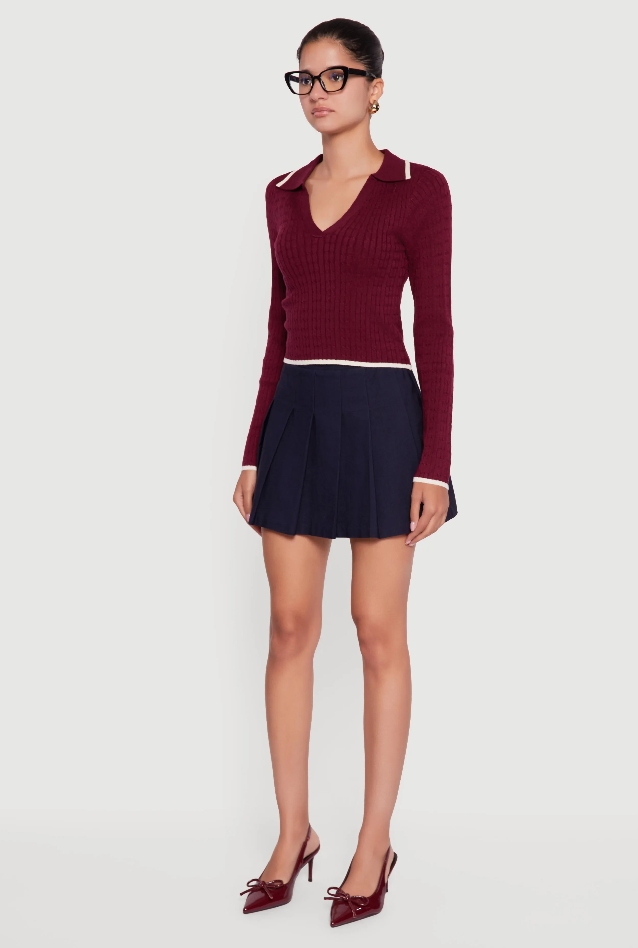 Contrast Trim Cable Knit Cropped Johnny Collar Sweater sold by Rainbow product image thumbnail 5