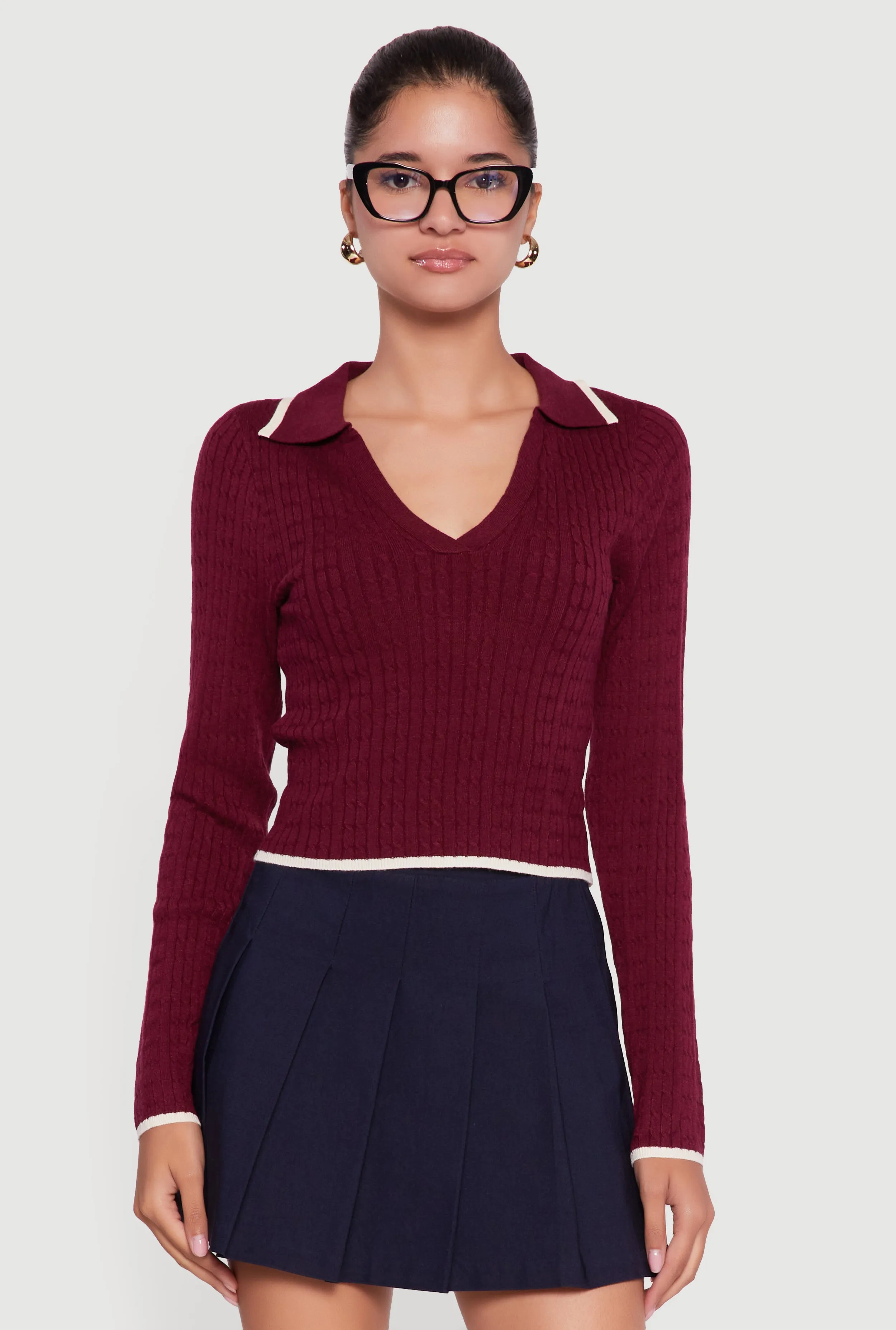 Contrast Trim Cable Knit Cropped Johnny Collar Sweater sold by Rainbow product image thumbnail 2