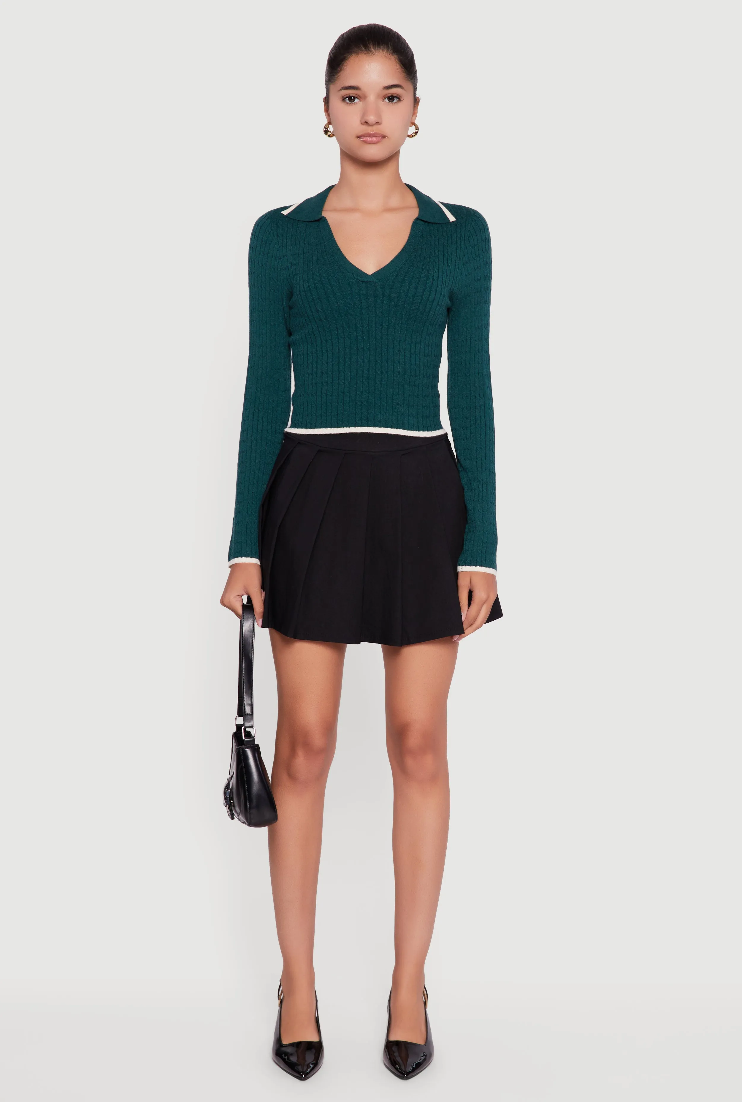 Contrast Trim Cable Knit Cropped Johnny Collar Sweater sold by Rainbow product image thumbnail 3